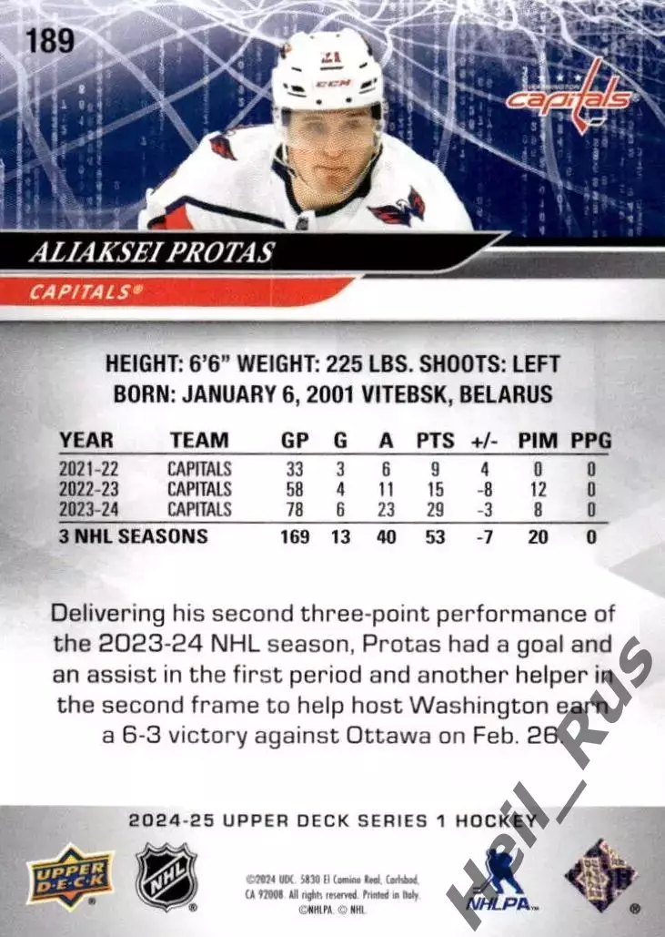 Карточка Алексей Протас Washington Capitals/Вашингтон, Динамо Минск НХЛ/NHL, КХЛ 1