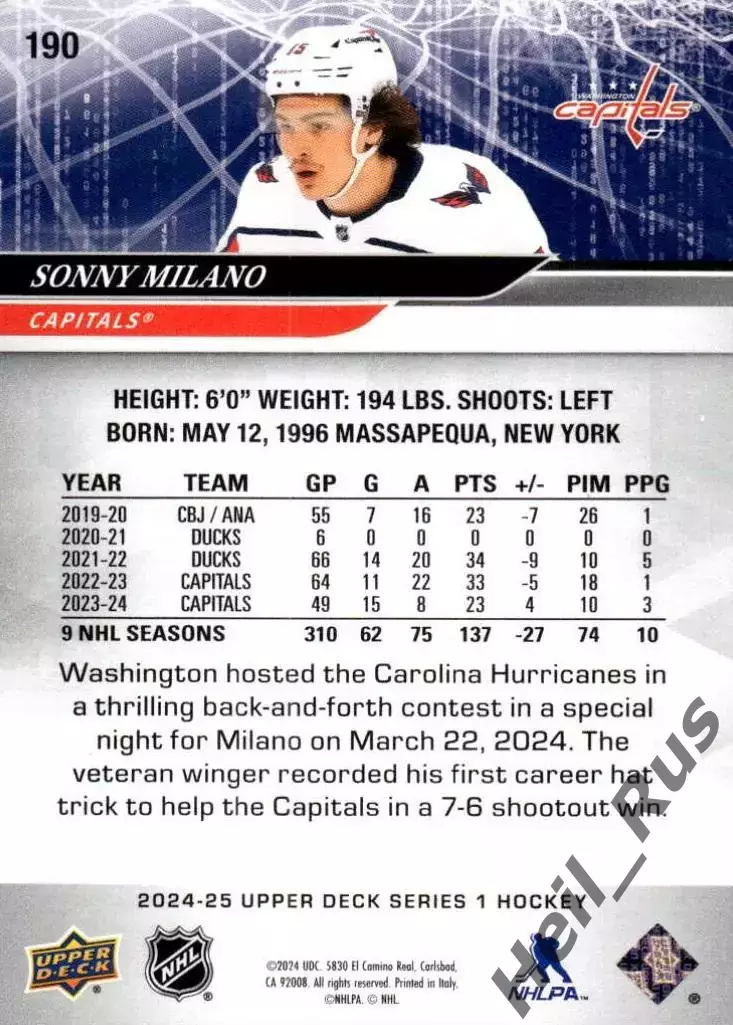 Карточка S. Milano/Сонни Милано (Washington Capitals/Вашингтон Кэпиталз) НХЛ/NHL 1