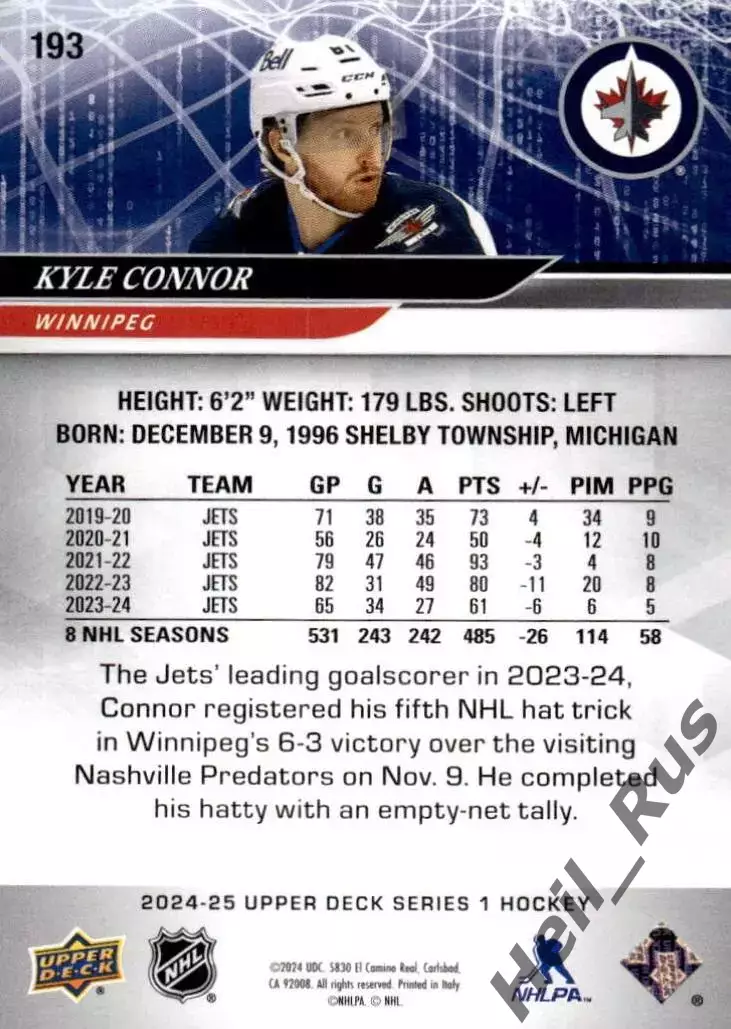 Хоккей Карточка Kyle Connor/Кайл Коннор (Winnipeg Jets/Виннипег Джетс) NHL/НХЛ 1