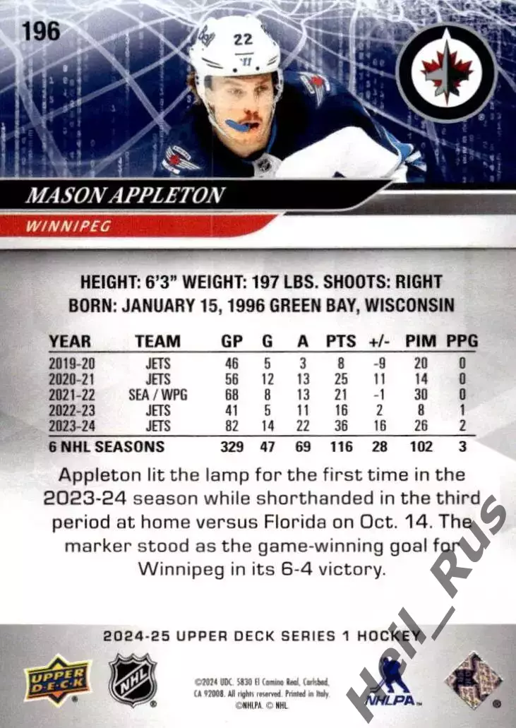 Карточка Mason Appleton / Мэйсон Эпплтон (Winnipeg Jets/Виннипег Джетс) НХЛ/NHL 1