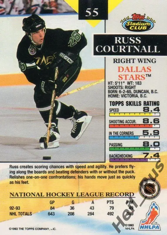 Хоккей Карточка Russ Courtnall/Расс Куртнолл (Dallas Stars/Даллас Старз) НХЛ/NHL 1