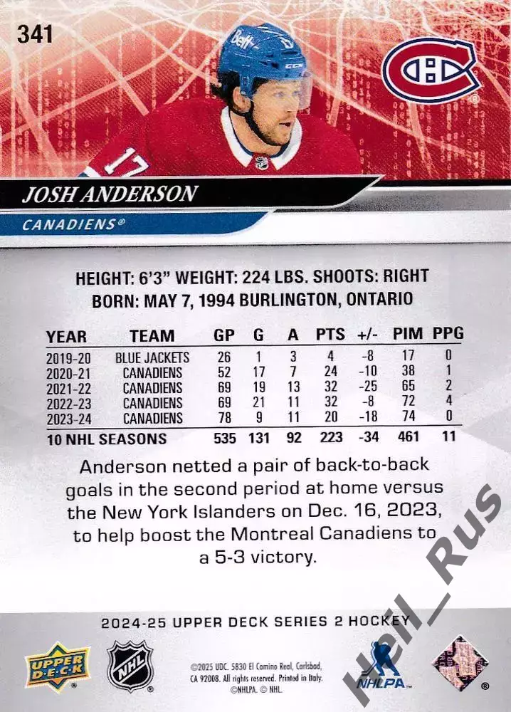 Хоккей Карточка Josh Anderson/Джош Андерсон Montreal Canadiens/Монреаль НХЛ/NHL 1