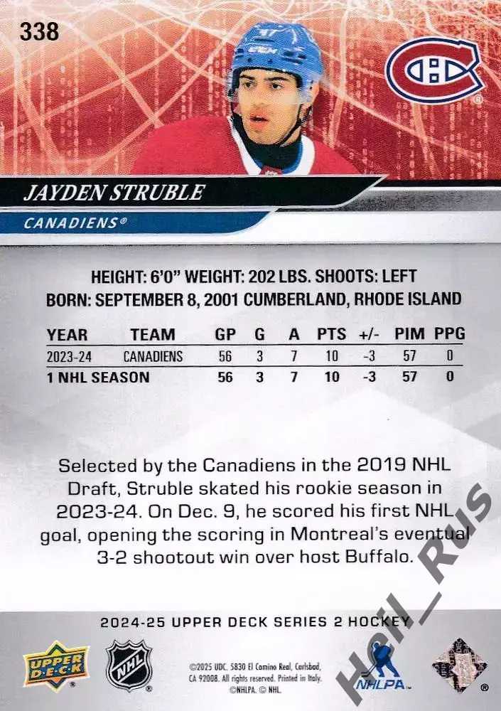 Карточка Jayden Struble/Джейден Страбл (Montreal Canadiens/Монреаль) НХЛ/NHL 1