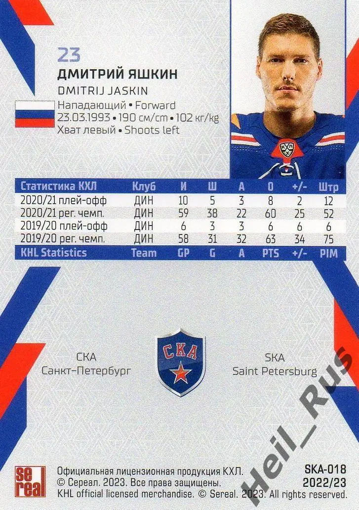 Хоккей Карточка Дмитрий Яшкин (СКА Санкт-Петербург) КХЛ/KHL сезон 2022/23 SeReal 1