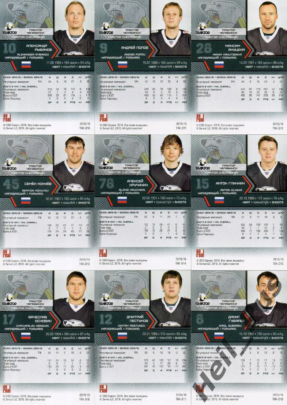 Хоккей Трактор Челябинск 18 карточек КХЛ/KHL сезон 2015/16 SeReal Демченко Куинт 3