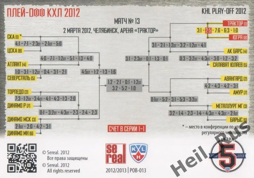Хоккей. Карточка Трактор Челябинск/Югра Ханты-Мансийск (КХЛ Кубок Гагарина 2012) 1