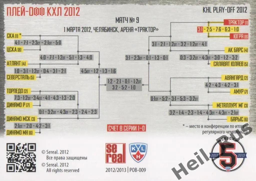 Хоккей; Карточка Трактор Челябинск/Югра Ханты-Мансийск (КХЛ Кубок Гагарина 2012) 1