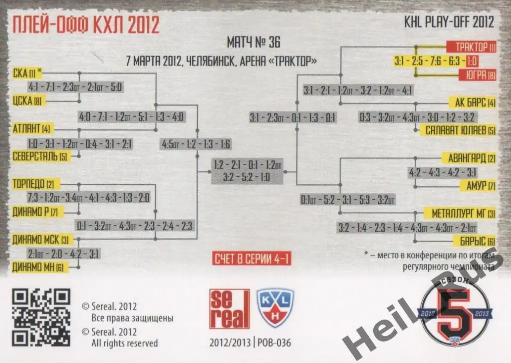 Хоккей. Карточка Трактор Челябинск/Югра Ханты-Мансийск (КХЛ Кубок Гагарина 2012) 1