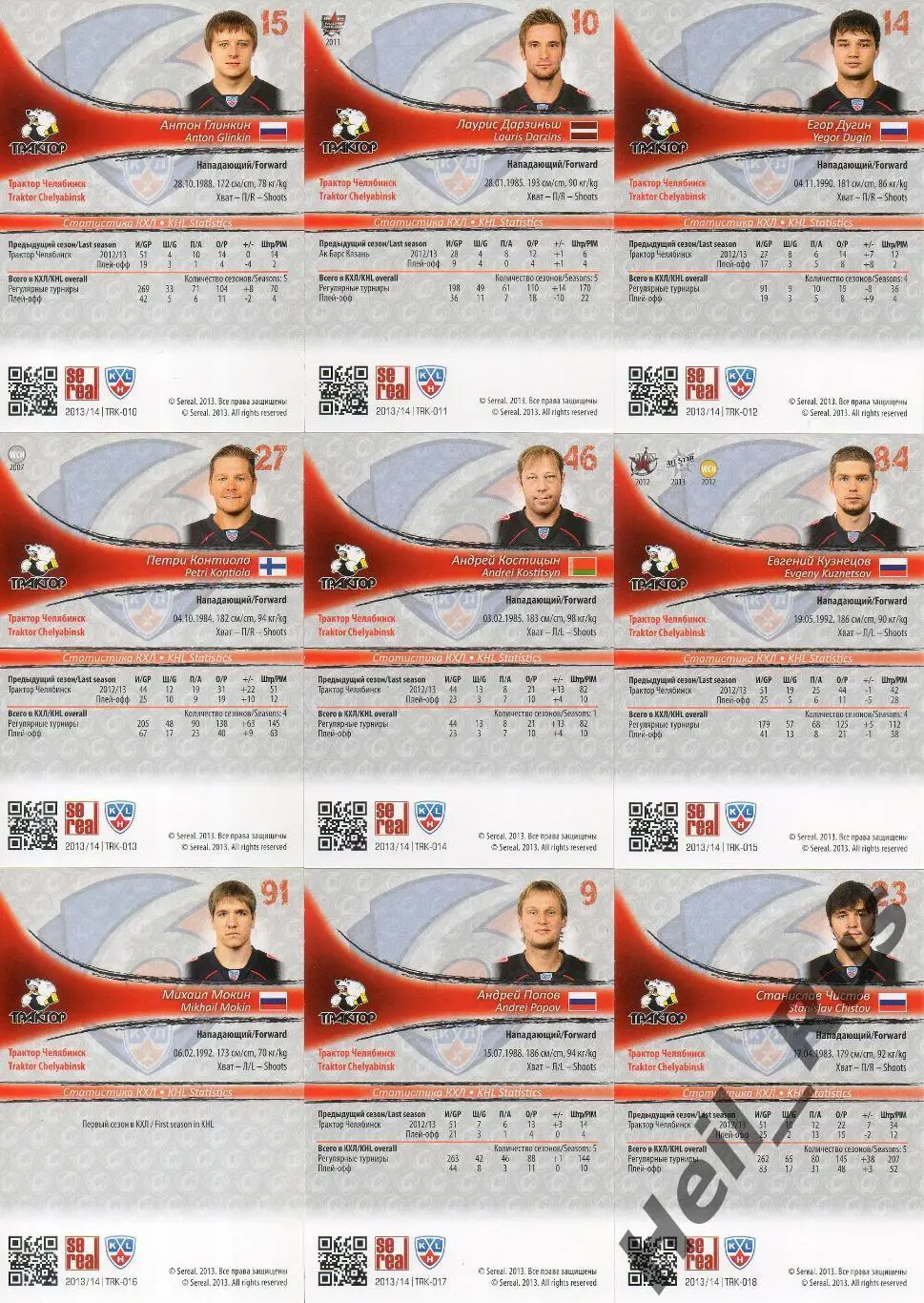 Хоккей. Трактор Челябинск 18 карточек КХЛ/KHL сезона 2013/14 SeReal (Кузнецов +) 3