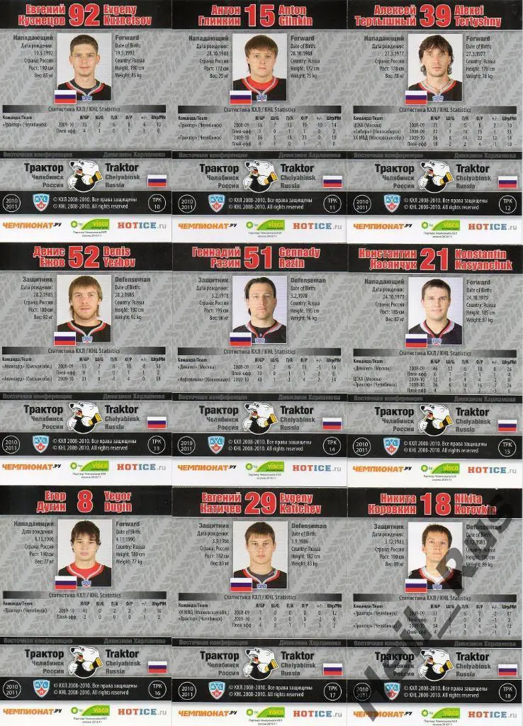 Хоккей. Трактор Челябинск 25 карточек 2010/11 SeReal КХЛ (Куинт, Кузнецов и др.) 3
