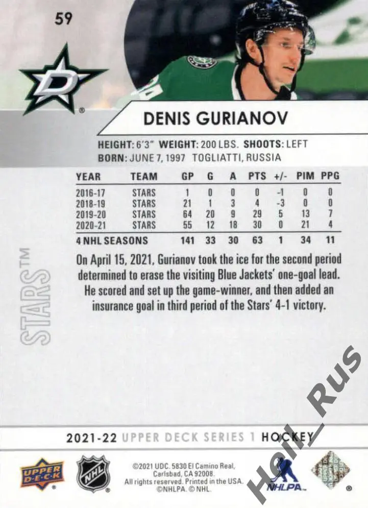 Карточка Денис Гурьянов Dallas Stars/Даллас Старз/Лада Тольятти/ЦСКА НХЛ/NHL/КХЛ 1