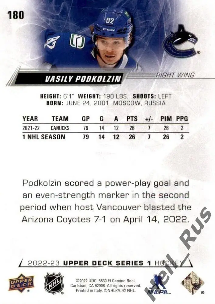 Хоккей. Карточка Василий Подколзин (Vancouver Canucks/Ванкувер, СКА) НХЛ/NHL/КХЛ 1