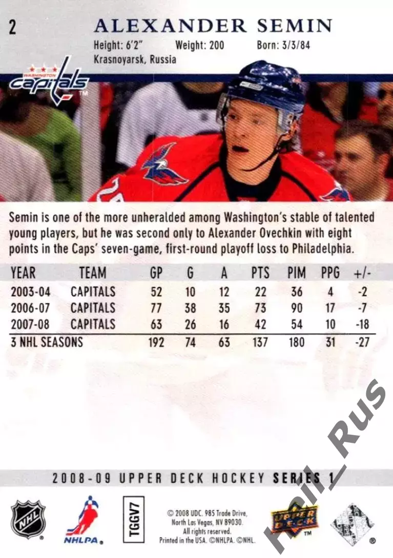 Карточка Александр Семин Вашингтон Кэпиталз/Металлург Магнитогорск/Лада НХЛ/КХЛ 1