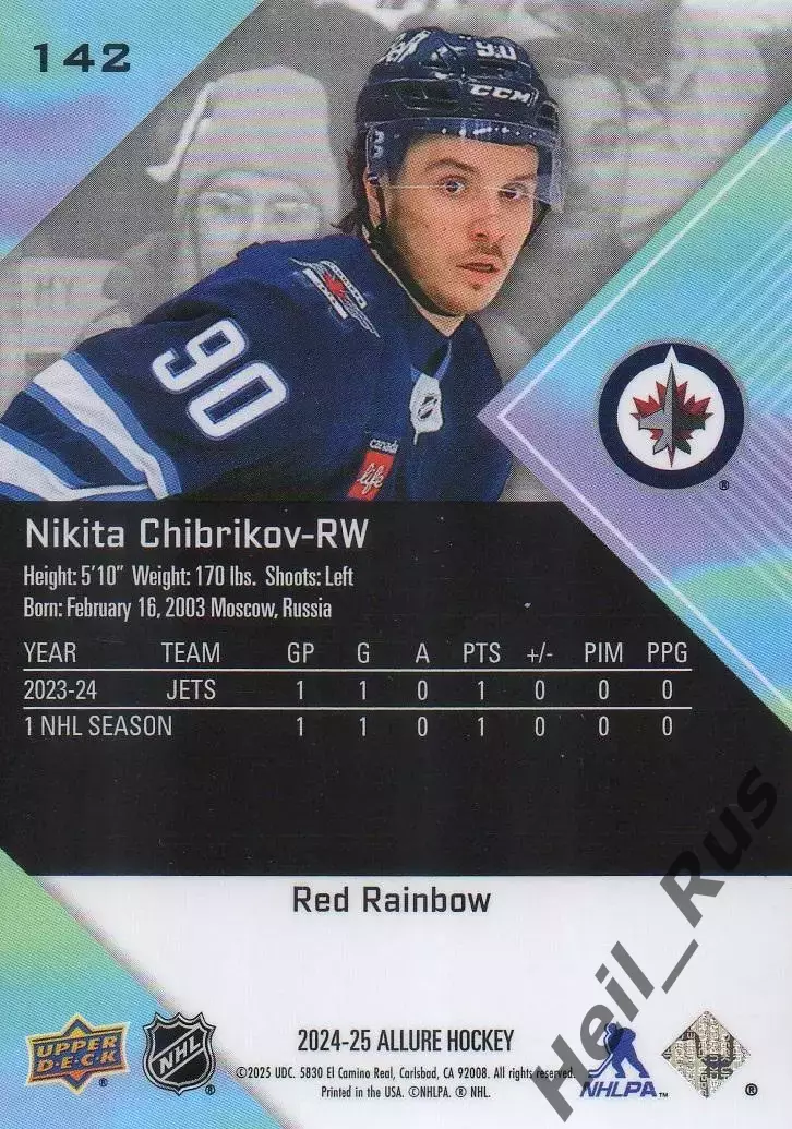 Карточка Никита Чибриков Виннипег Джетс, Спартак/Динамо Москва/СКА/Химик НХЛ/КХЛ 1