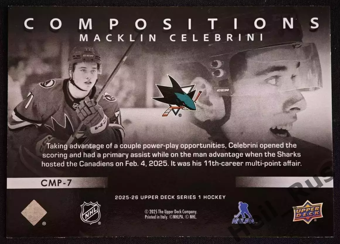 Карточка Macklin Celebrini/Маклин Селебрини (San Jose Sharks/Сан-Хосе) НХЛ/NHL 1