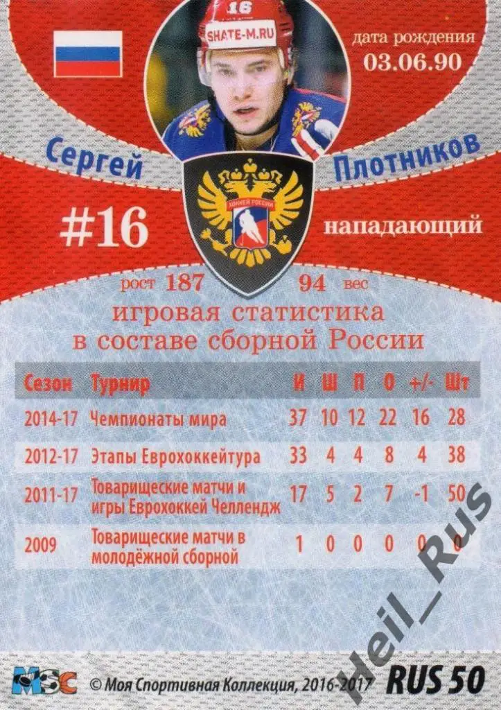 Хоккей. Карточка Сергей Плотников (Россия/ЦСКА/Амур/СКА/Локомотив Ярославль) КХЛ 1