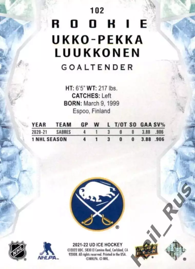 Карточка Luukkonen/Укко-Пекка Луукконен (Buffalo Sabres/Баффало Сейбрз) НХЛ NHL 1