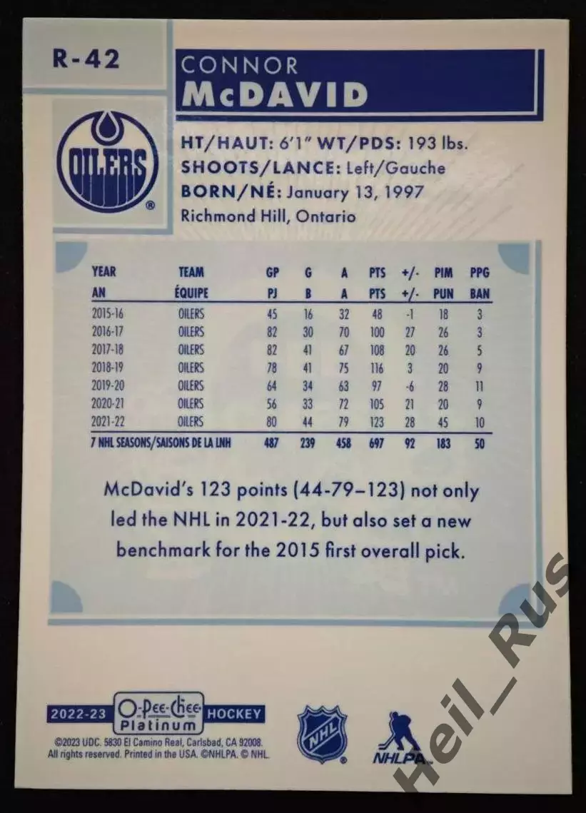 Карточка Connor McDavid/Коннор Макдэвид Edmonton Oilers/Эдмонтон Ойлерз; NHL НХЛ 1