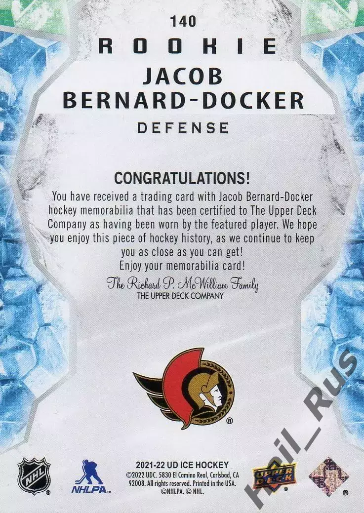 Карточка J. Bernard-Docker/Джейкоб Бернар-Докер (Ottawa Senators/Оттава) НХЛ/NHL 1