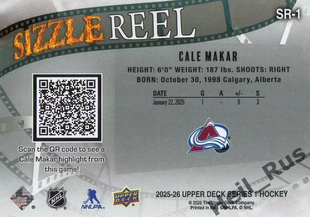 Карточка Cale Makar/Кейл Макар (Colorado Avalanche/Колорадо Эвеланш) НХЛ / NHL 1