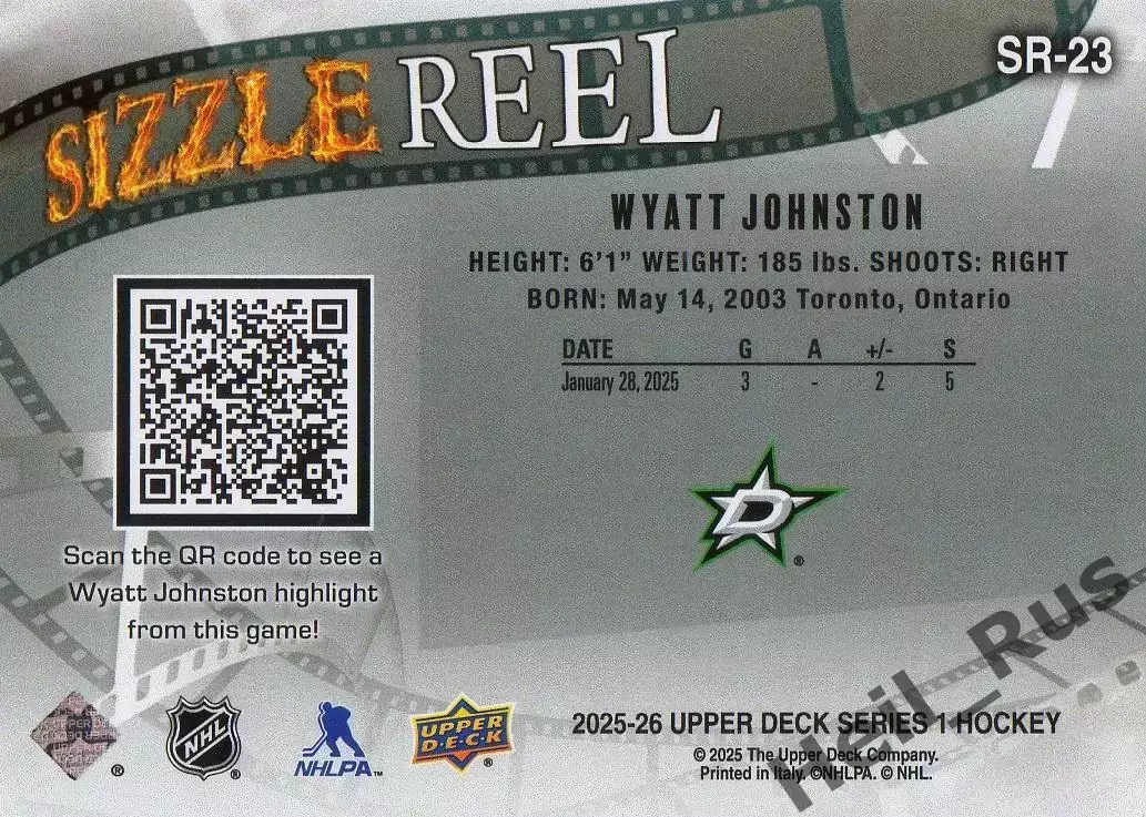 Хоккей Карточка Wyatt Johnston/Уайатт Джонстон Dallas Stars/Даллас Старз НХЛ NHL 1