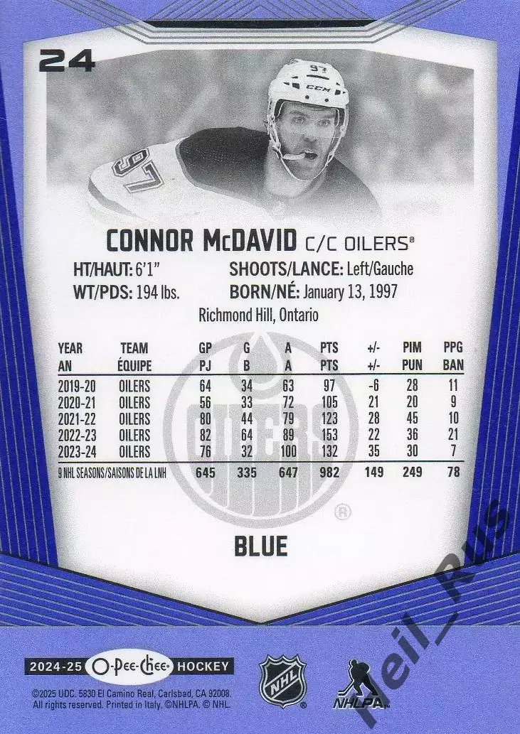 Карточка Connor McDavid/Коннор Макдэвид Edmonton Oilers/Эдмонтон Ойлерз NHL-НХЛ 1