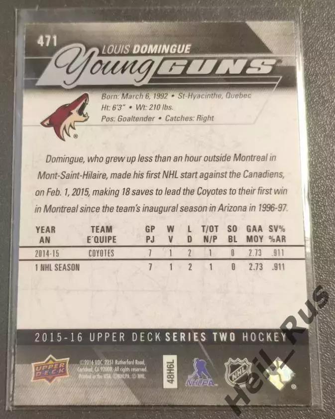 Карточка Louis Domingue/Луи Доминг (Arizona Coyotes/Аризона, Сибирь) NHL/НХЛ/КХЛ 1