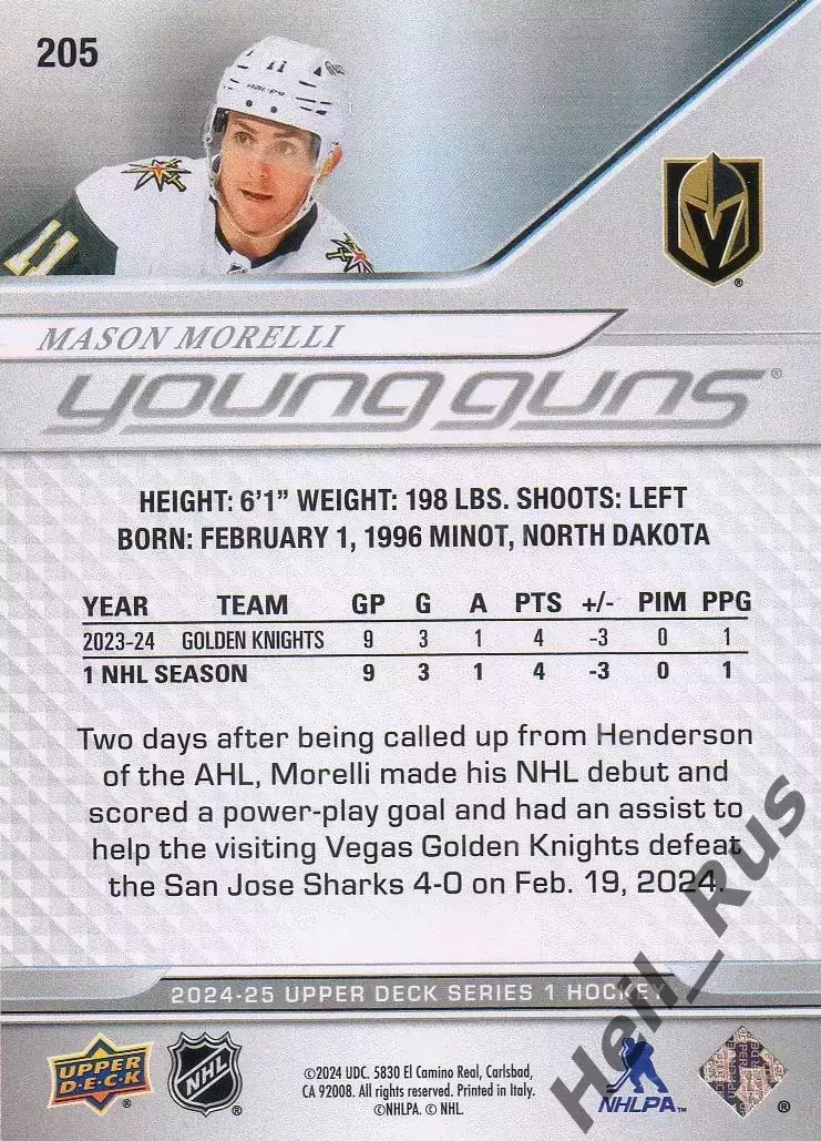 Карточка Morelli/Мэйсон Морелли (Vegas Golden Knights/Вегас, Барыс) НХЛ/NHL, КХЛ 1
