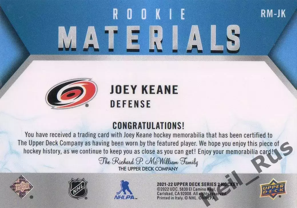Карточка Джозеф Кин (Carolina Hurricanes/Каролина, Спартак Москва) NHL/НХЛ/КХЛ 1
