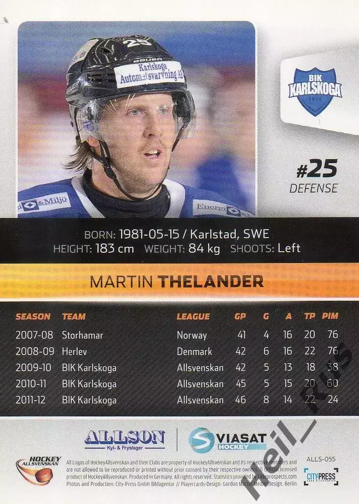 Хоккей. Карточка Martin Thelander/Мартин Теландер (BIK Karlskoga/БИК Карлскуга) 1