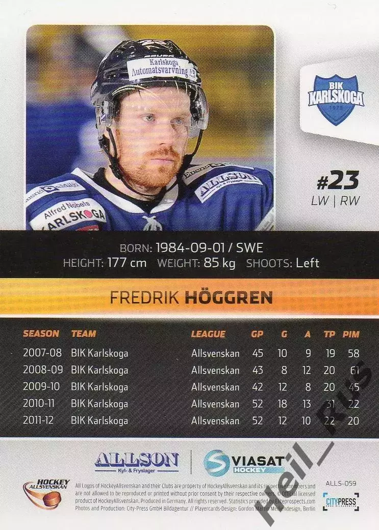 Хоккей. Карточка Fredrik Hoggren/Фредрик Хеггрен (BIK Karlskoga/БИК Карлскуга) 1