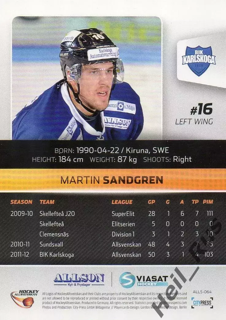 Хоккей. Карточка Martin Sandgren/Мартин Сандгрен (BIK Karlskoga/БИК Карлскуга) 1