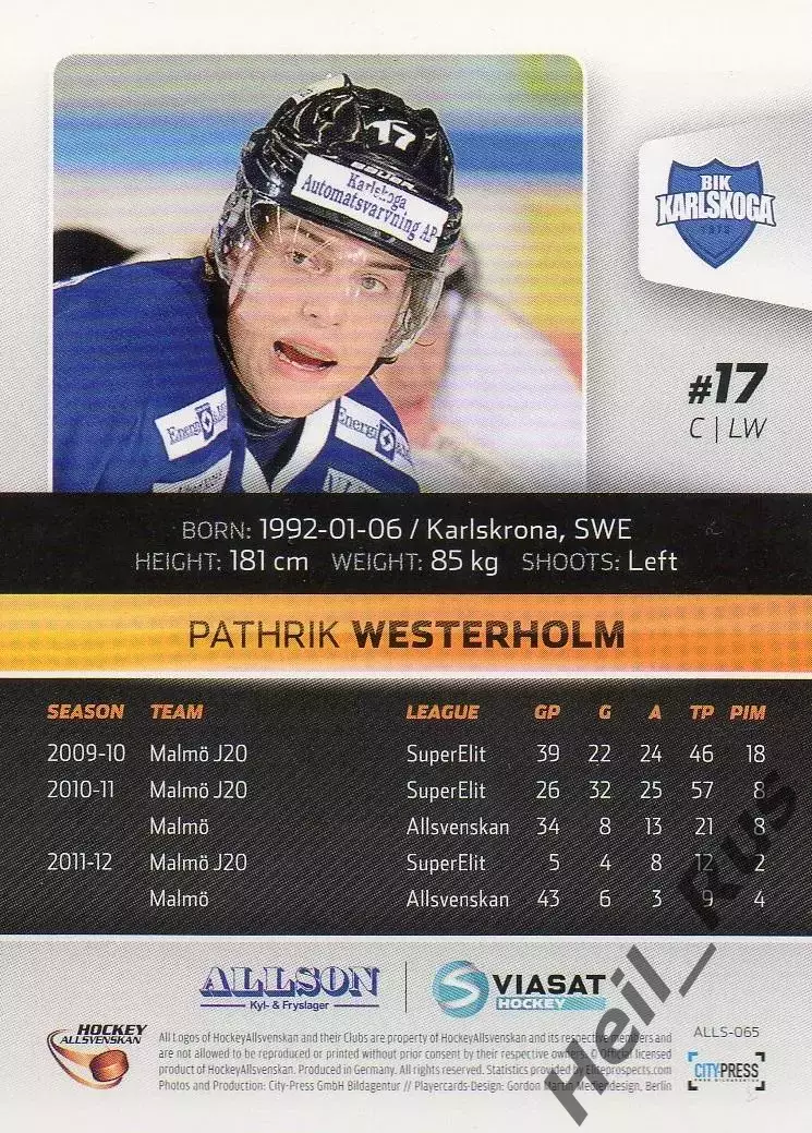 Хоккей. Карточка Pathrik Westerholm/Патрик Вестерхольм (BIK Karlskoga/Карлскуга) 1