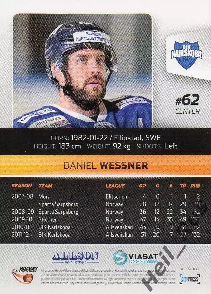 Хоккей. Карточка Daniel Wessner/Даниэль Весснер (BIK Karlskoga/БИК Карлскуга) 1