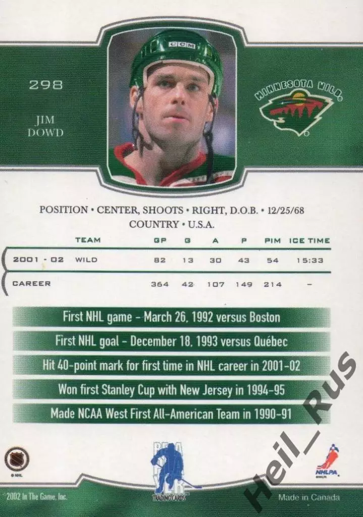 Хоккей. Карточка Jim Dowd / Джим Дауд (Minnesota Wild / Миннесота Уайлд) НХЛ/NHL 1