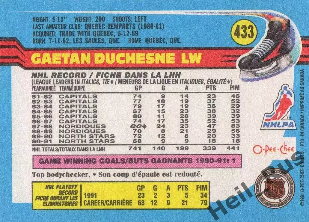 Карточка Gaetan Duchesne/Гаэтан Дюшен (Minnesota North Stars/Миннесота) NHL НХЛ 1