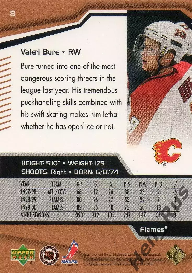 Хоккей Карточка Валерий Буре Calgary Flames/Калгари Флэймз, ЦСКА Москва НХЛ/NHL 1