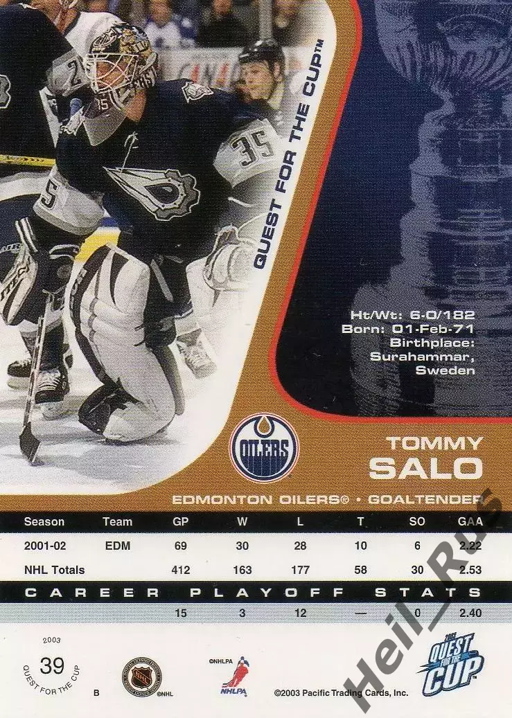 Хоккей Карточка Tommy Salo/Томми Сало (Edmonton Oilers/Эдмонтон Ойлерз) НХЛ/NHL 1