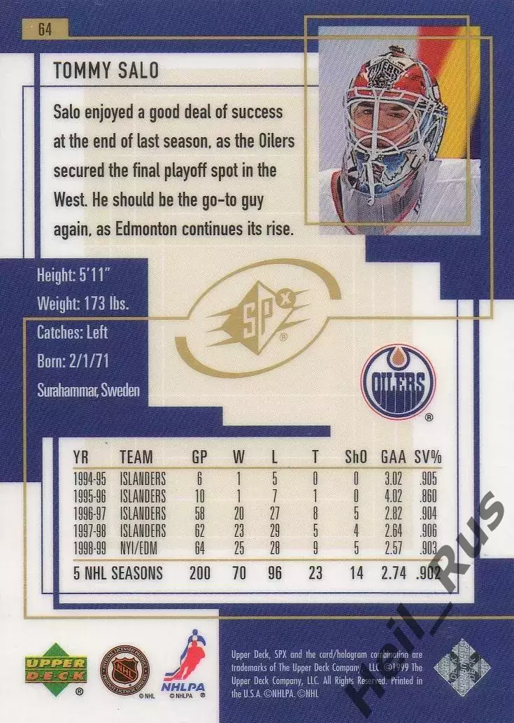 Хоккей Карточка Tommy Salo/Томми Сало (Edmonton Oilers/Эдмонтон Ойлерз) НХЛ/NHL 1