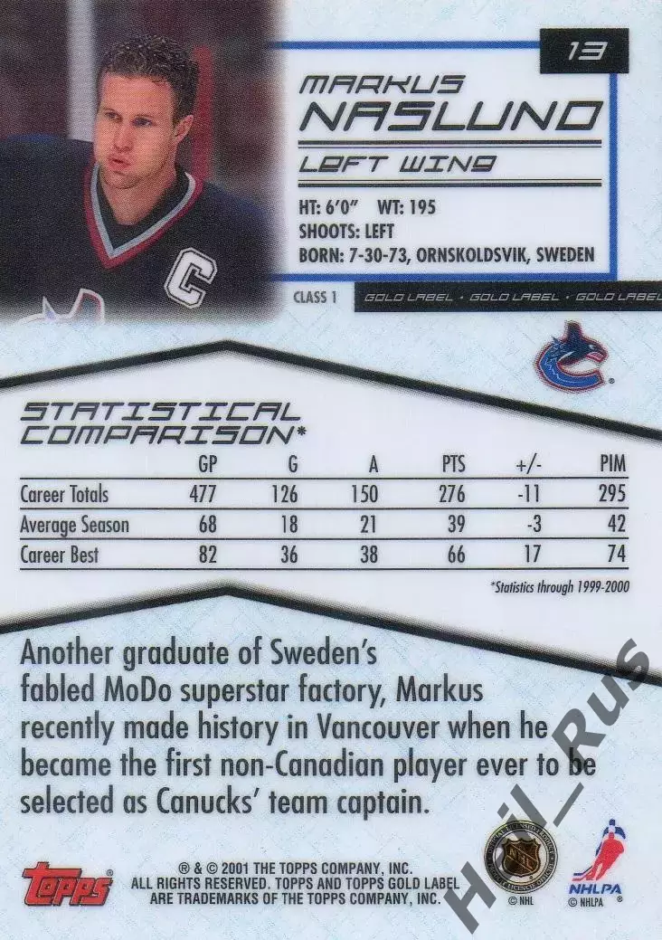Карточка Markus Naslund/Маркус Неслунд Vancouver Canucks/Ванкувер Кэнакс NHL/НХЛ 1