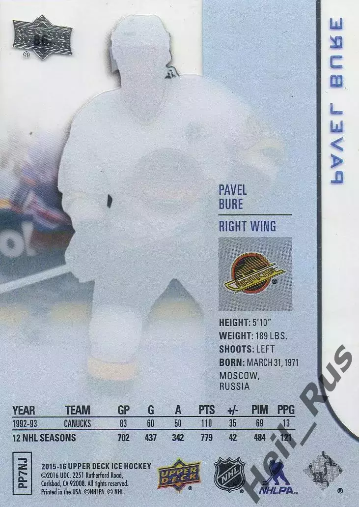 Карточка Павел Буре (Vancouver Canucks/Ванкувер Кэнакс, ЦСКА, Спартак) НХЛ / NHL 1