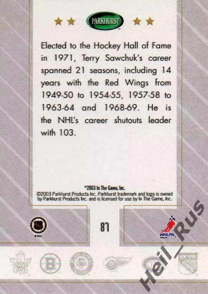 Хоккей Карточка Sawchuk/Терри Савчук Detroit Red Wings/Детройт Ред Уингз НХЛ/NHL 1