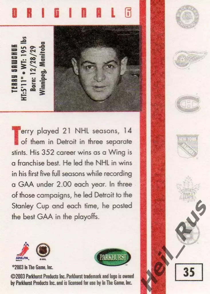 Хоккей Карточка Sawchuk/Терри Савчук Detroit Red Wings/Детройт Ред Уингз НХЛ/NHL 1