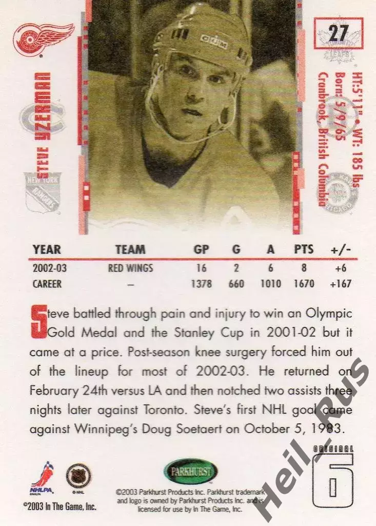 Карточка Steve Yzerman/Стив Айзерман Detroit Red Wings/Детройт Ред Уингз НХЛ NHL 1