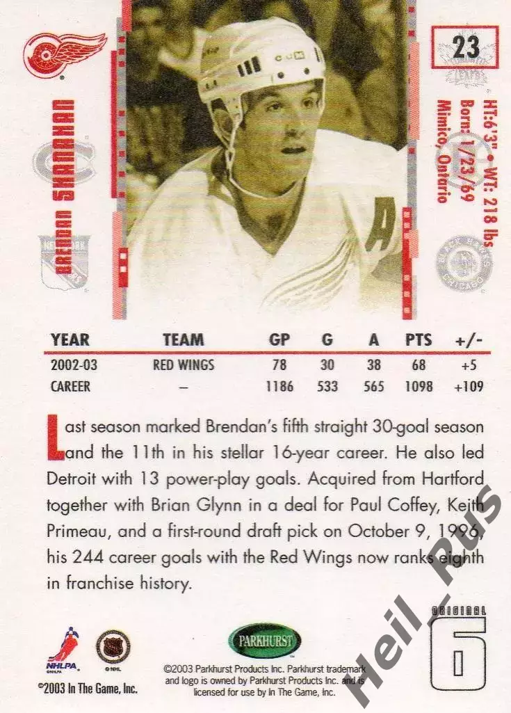 Хоккей. Карточка Брендан Шэнахэн (Detroit Red Wings/Детройт Ред Уингз) НХЛ/NHL 1