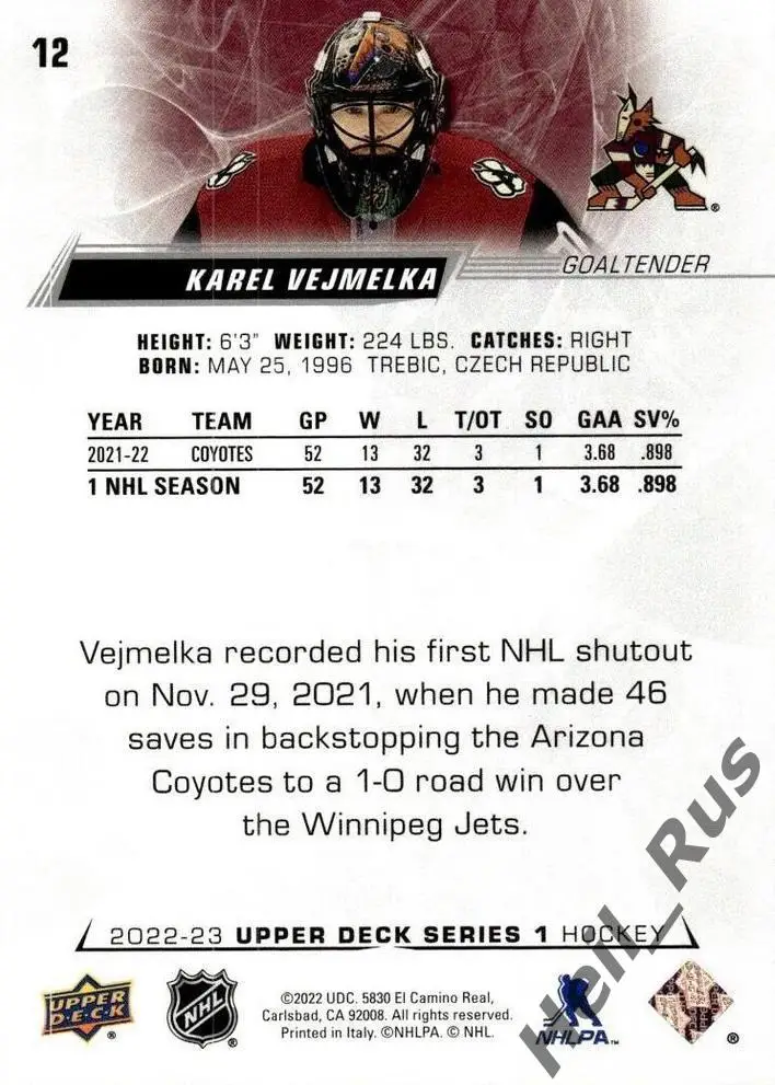 Хоккей. Карточка Karel Vejmelka/Карел Веймелка (Arizona Coyotes/Аризона) НХЛ/NHL 1