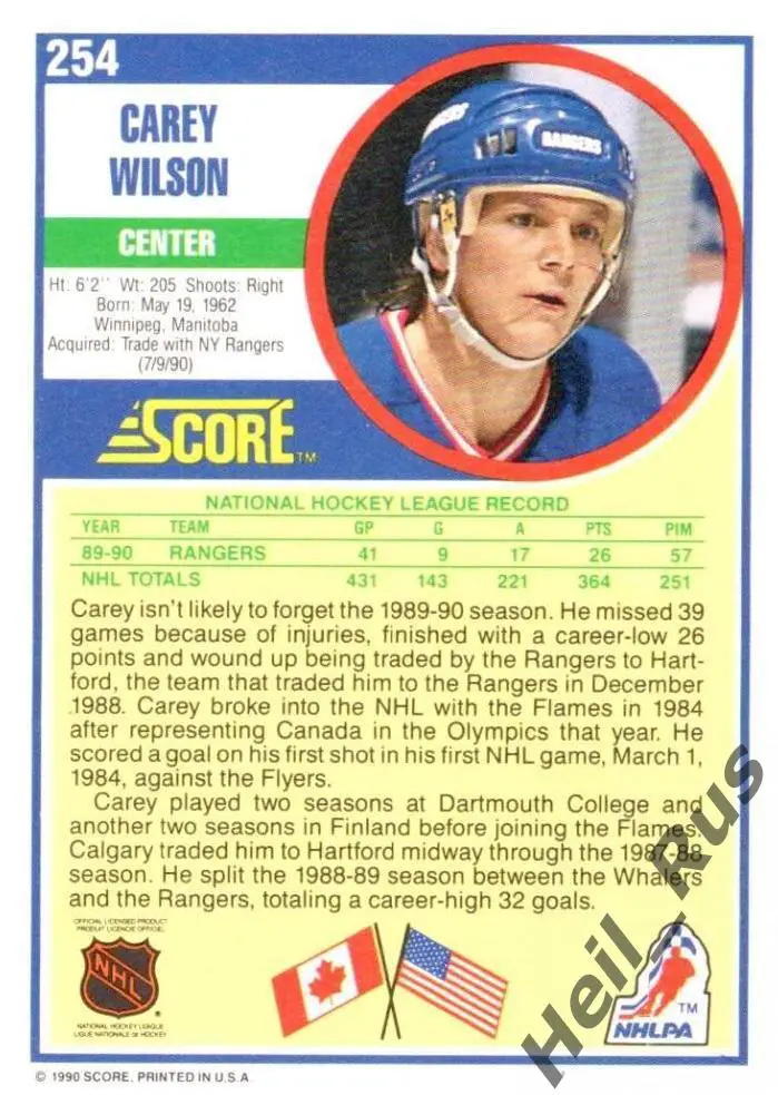 Карточка Carey Wilson/Кэри Уилсон (New York Rangers/Нью-Йорк Рейнджерс) NHL/НХЛ 1