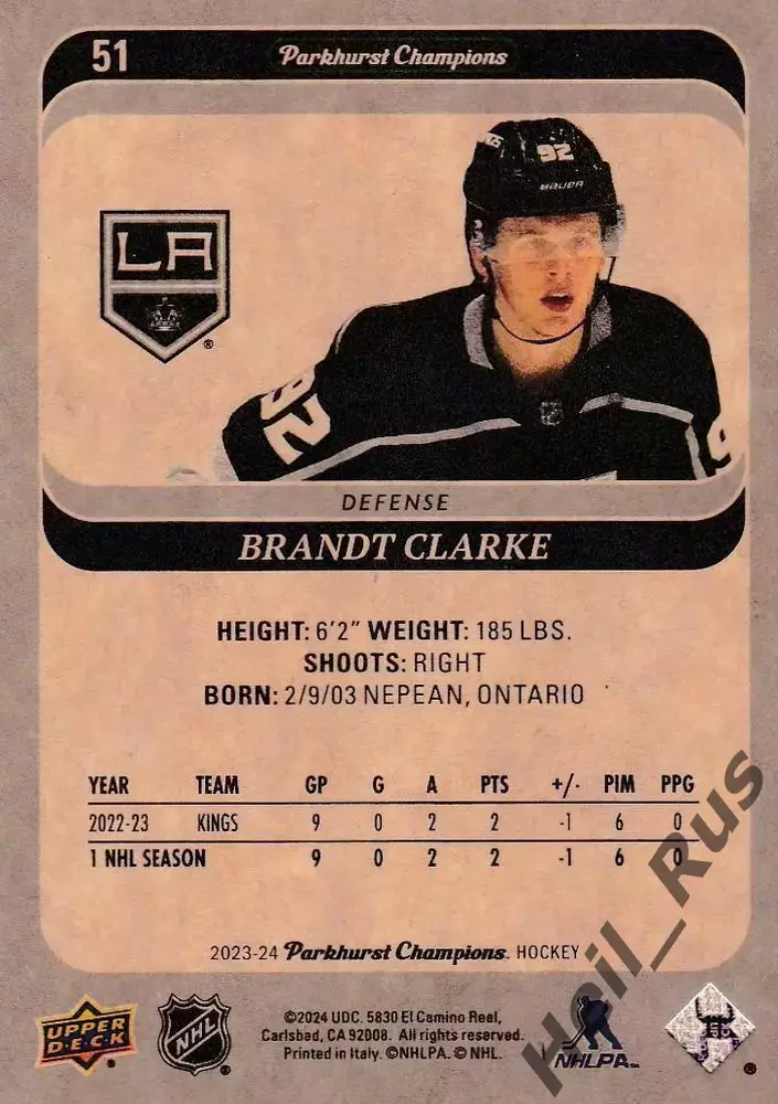 Карточка Brandt Clarke/Брандт Кларк Los Angeles Kings/Лос-Анджелес Кингз NHL/НХЛ 1