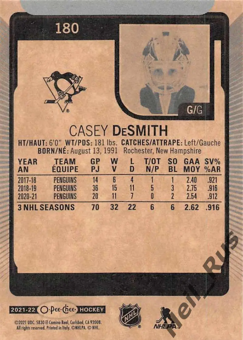 Хоккей Карточка Casey DeSmith/Кейси ДеСмит Pittsburgh Penguins/Питтсбург НХЛ/NHL 1