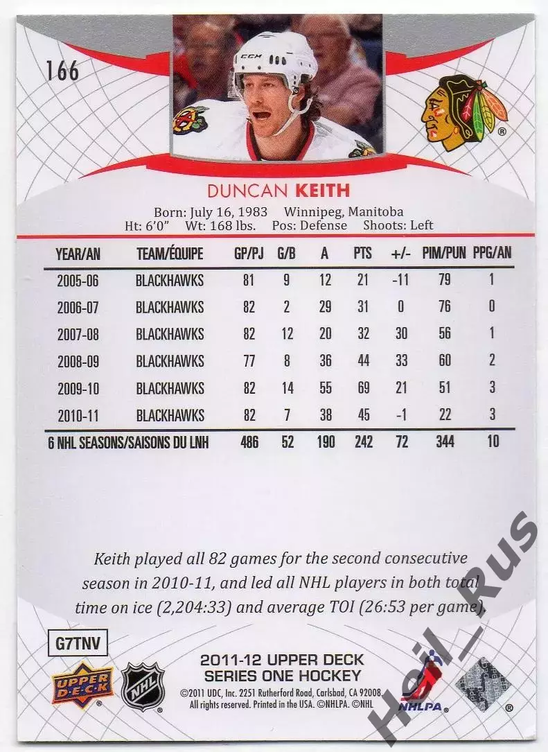 Карточка Duncan Keith/Данкан Кит (Chicago Blackhawks/Чикаго Блэкхокс) НХЛ/NHL 1